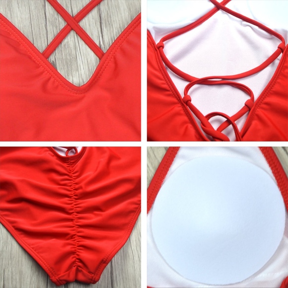 Red Lace Up Back Ruch Bottom One-Piece Swimsuit - Picture 5 of 7